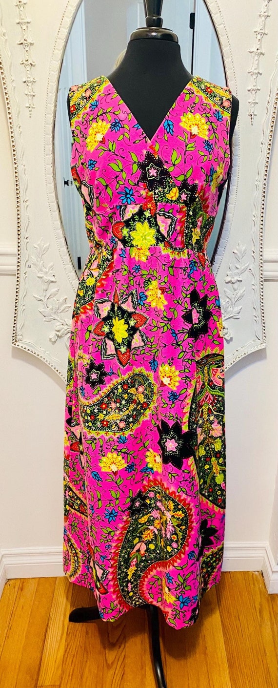 1960s Hawaiian Barkcloth Maxi Dress: Sears Floral Paisley, Women's Medium