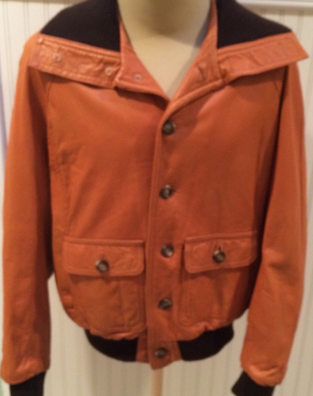 1980's Caramel Leather Jacket With Brown Knit Collar Men's Size 42 Made