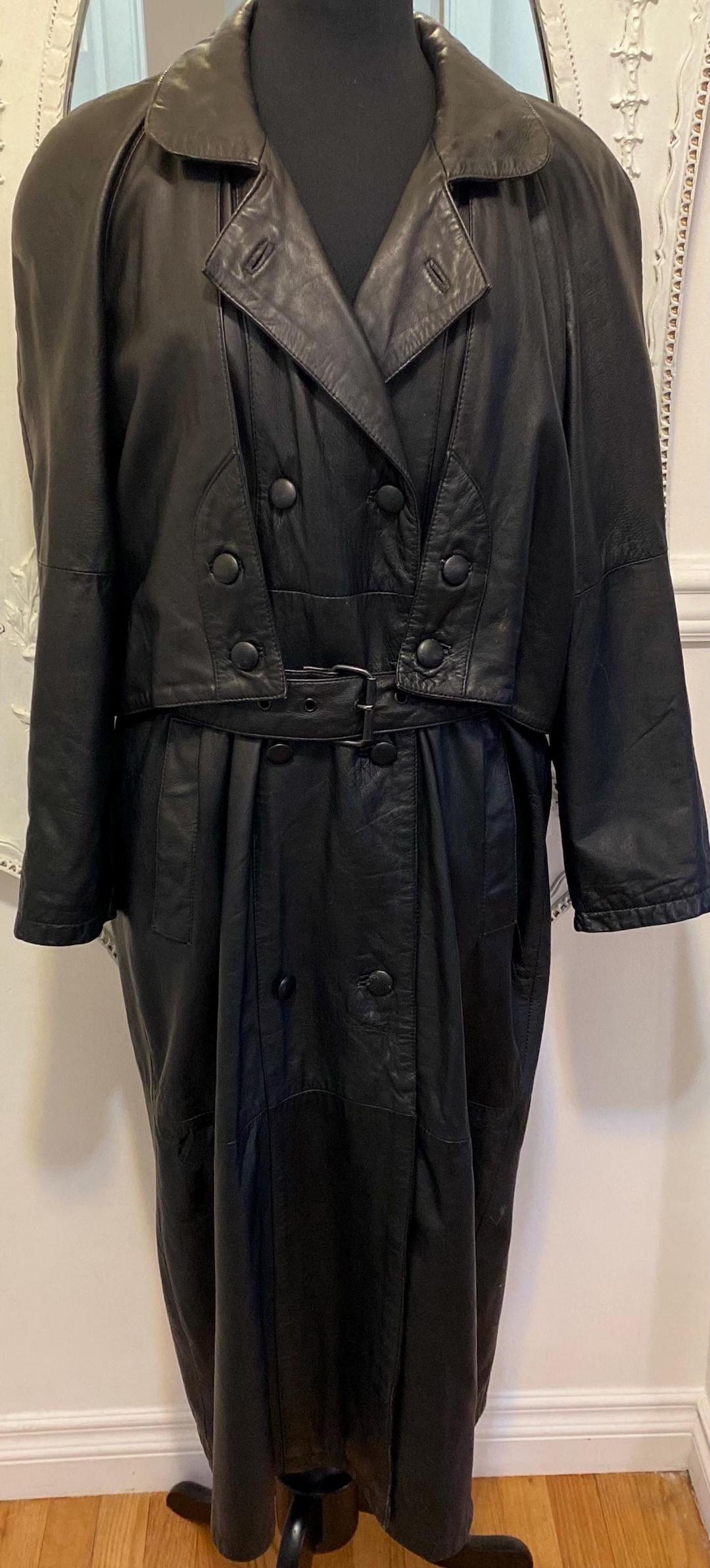 Vintage Black Leather Trench Coat