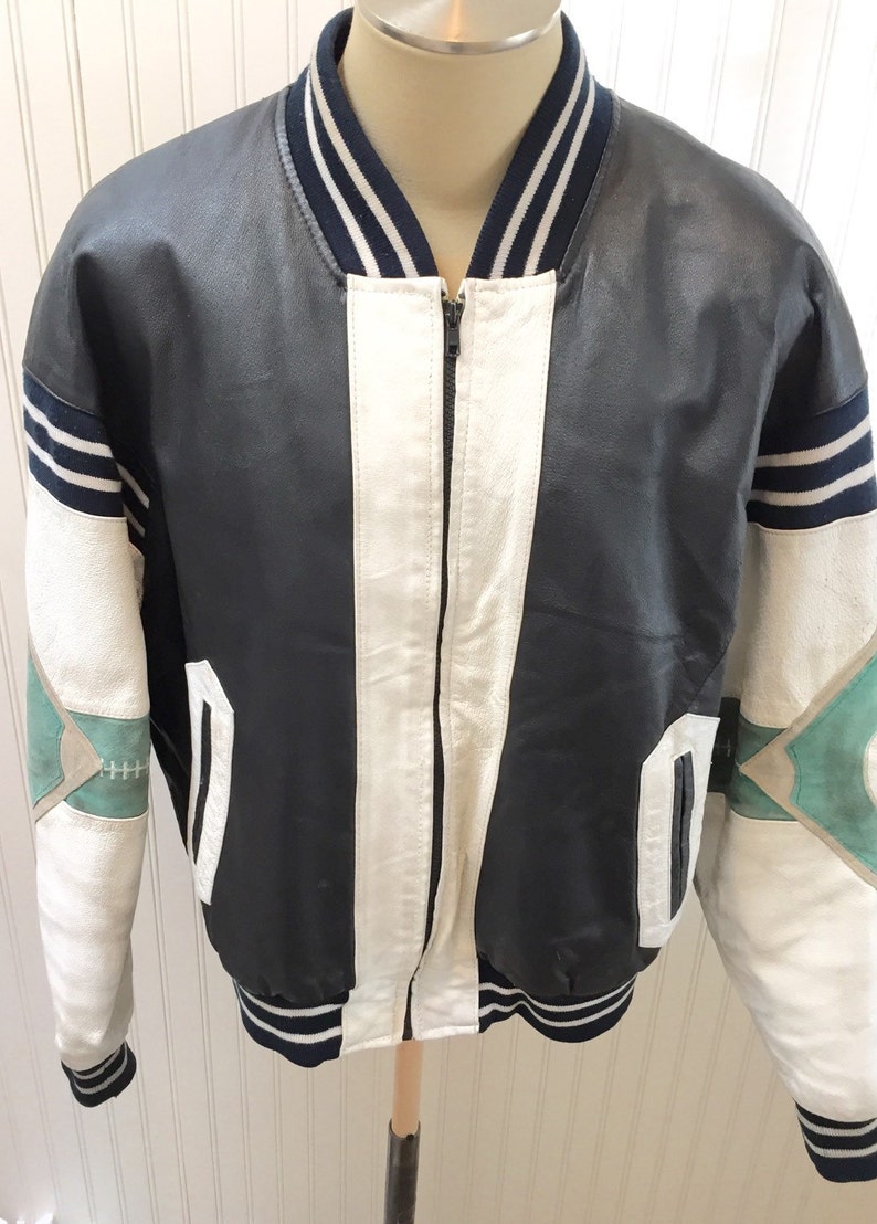 Vintage Michael Hoban Wheremi Black White Green Gray Leather Suede Baseball Sports Jacket Mens Size L - Mens Black Leather Sport Jacket Vintage Michael Hoban Wheremi Black White Green Gray Leather Suede Baseball Sports Jacket Mens Size L - Mens Black Leather Sport Jacket