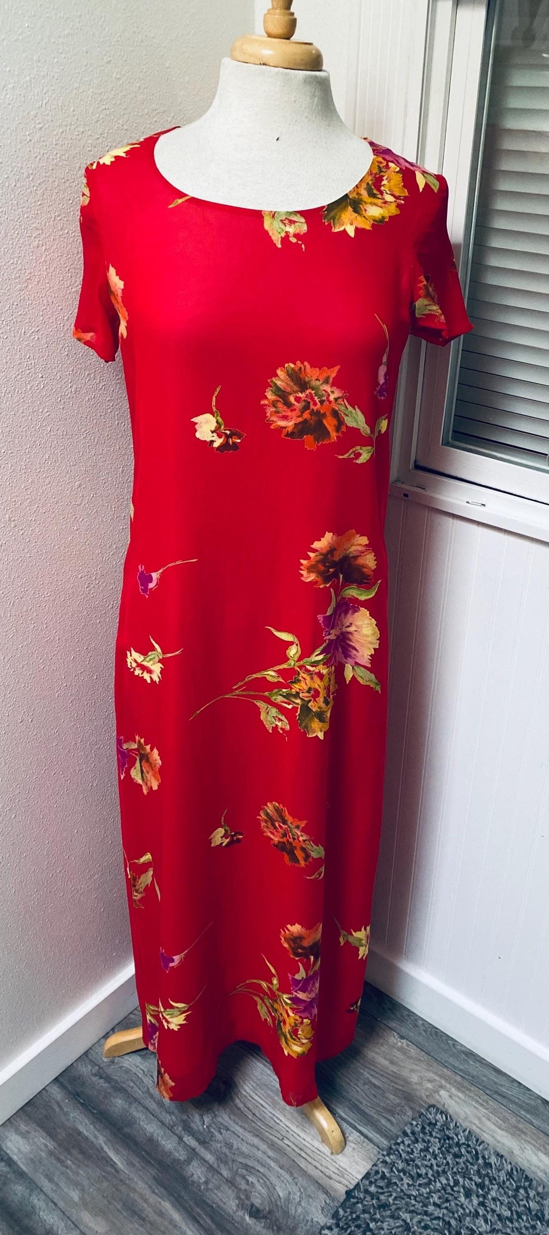Vintage Long Red Hawaiian Floral Sheath Dress by California Style Women ...