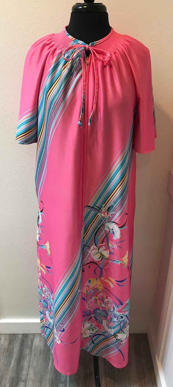 1960's Zipper Front Pink Psychedelic Floral Maxi R