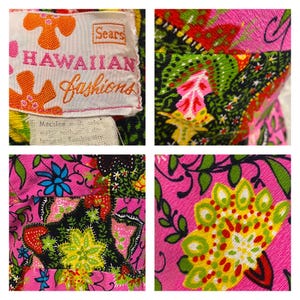 May include: A pink fabric with a floral pattern. The fabric has a green, yellow, and red floral design. The fabric has a label that says "Sears Hawaiian Fashions".