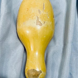 May include: A yellow gourd with a slightly rough texture and a few cracks. The gourd is shaped like a teardrop and has a rounded bottom.