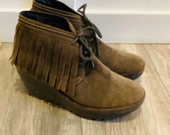 Y2K Brown Suede 'FLY London' Fringed Moccasin Ankle Boots Women's EU Size 39