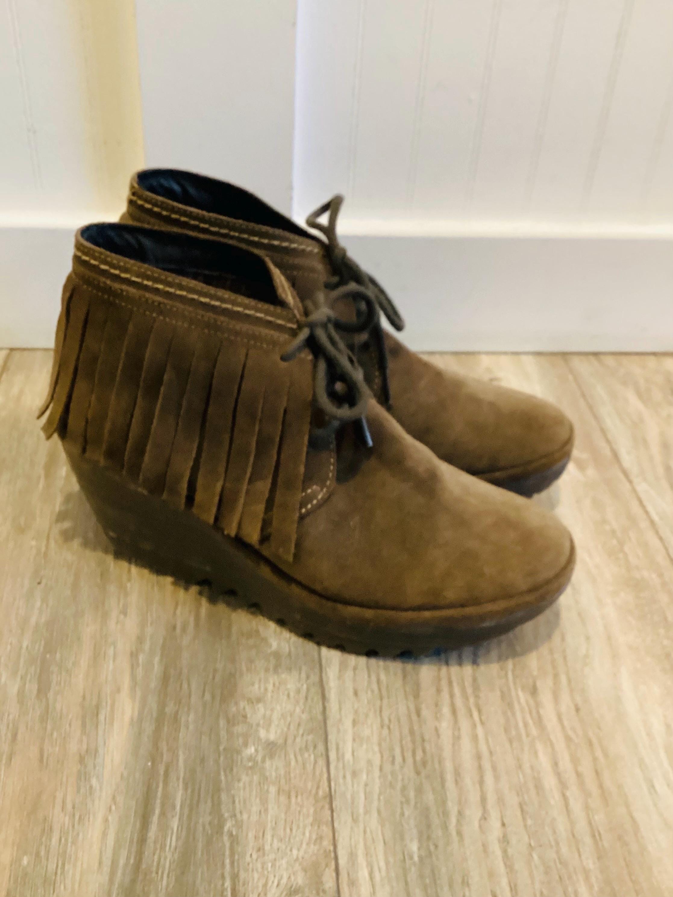 Fly London Yank Black Suede Fringe Wedge Ankle Boots Lace-Up Boho Booties FLY London Suede Women main image 2