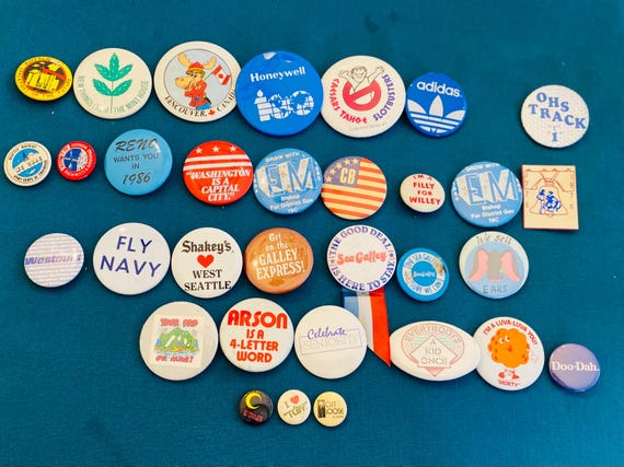 Vintage Pinback Button Collection: 60s-80s Political Advertising Sayings