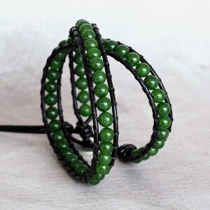 Canadian Jade Gemstone Beaded Leather Double Wrap Bracelet, Gift For Him