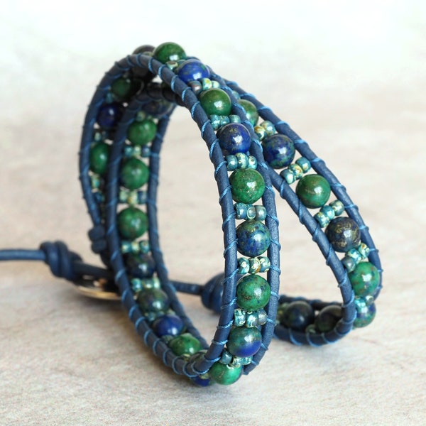 Blue and Green Azurite Malachite and Seed Bead Bracelet, Dragonfly Jewelry