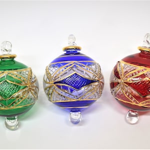 Diamond Design, Egyptian Hand-blown Glass Christmas Balls with 14 k Gold Trim