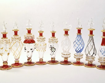 Red Designer Handblown and Handpainted Glass Decor Bottles 14k Gold Trim