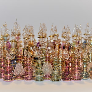 Handblown Empty Egyptian Glass Perfume Bottles, 14 k Gold Trim, Set of Five Variety