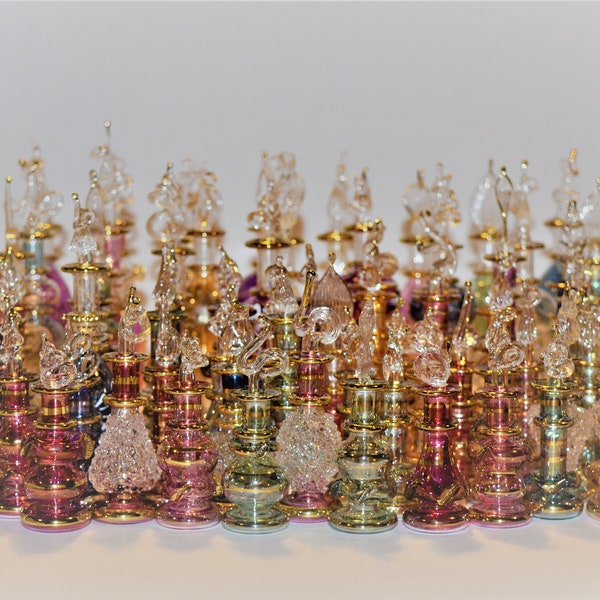 Handblown Empty Egyptian Glass Perfume Bottles, 14 k Gold Trim, Set of Five Variety