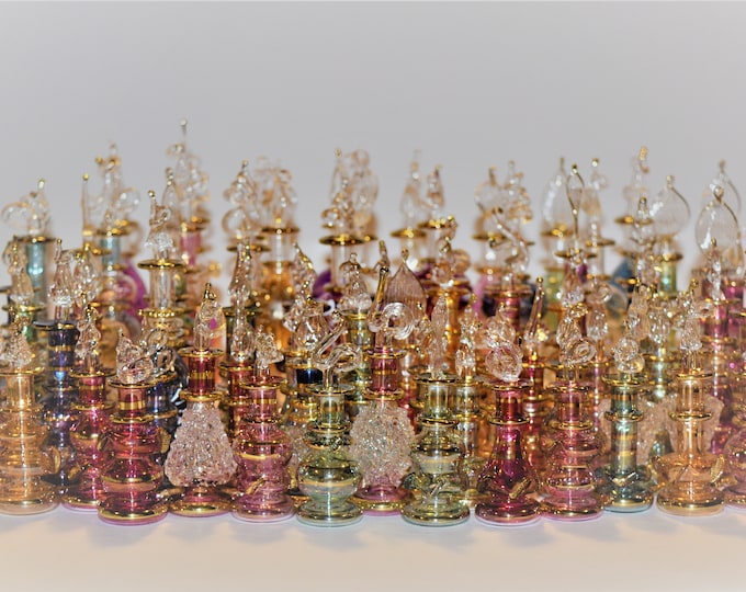 Handblown Empty Egyptian Glass Perfume Bottles, 14 k Gold Trim, Set of Five Variety