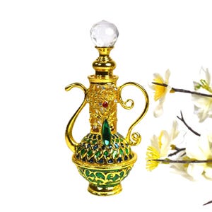 Arabian Teapot, Emerald-colored and Red Glass Charmed, Empty Perfume Bottle, 4ml