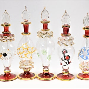 Red Decor, Egyptian Handblown Glass Bottles, 14k Gold Trim
