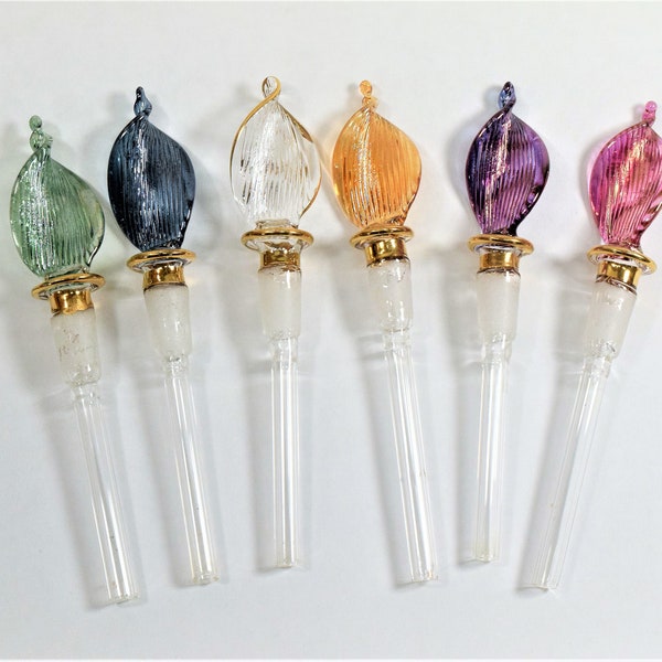 Large Leaf Perfume Stopper, Egyptian Hand-blown Glass Stick, 14k Gold Trim