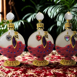 Red Peacock, Arabic Design, Glass Heart Pendant Charmed, Empty Perfume Bottle, 30 ml