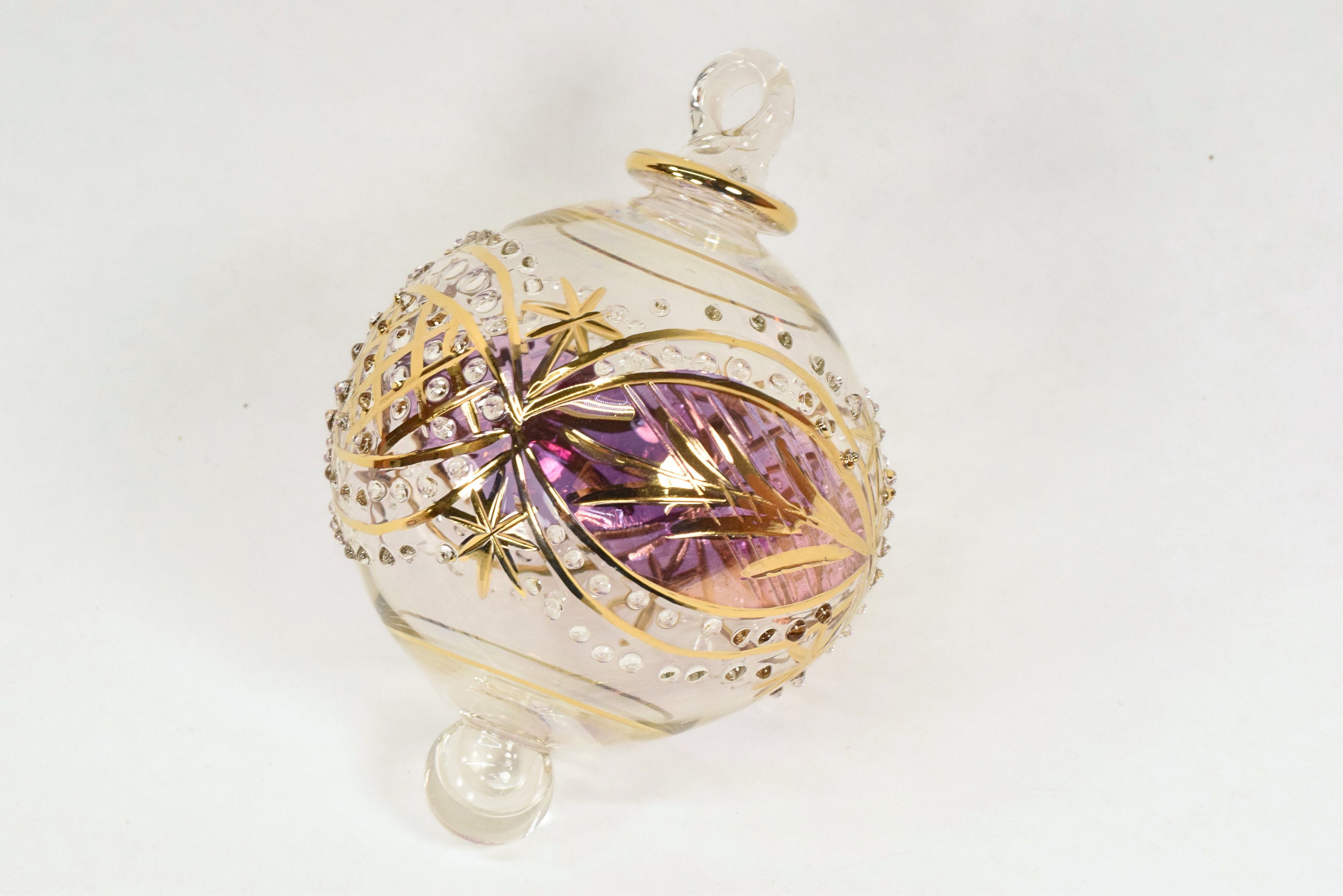 Crisscross Design, Multi-colored, Christmas Ball Ornament, Handblown Glass,  14 K Gold Trim -  Canada