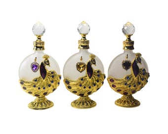 Gold Peacock, Glass Heart Pendant, Empty Perfume Bottle, 30 ml