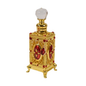Gold Colored, Ancient Tin Design, Colored-Crystal Charm Empty Perfume Bottle, 6ml