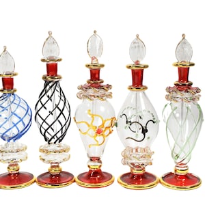 Red Decorative, Original Egyptian Handblown Empty Glass Bottles, 14k Gold Trim