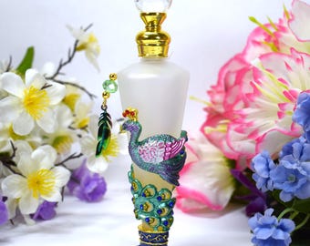 Peacock Frosted Glass Perfume Bottle, Feather-Charmed and Beaded, 25 ml