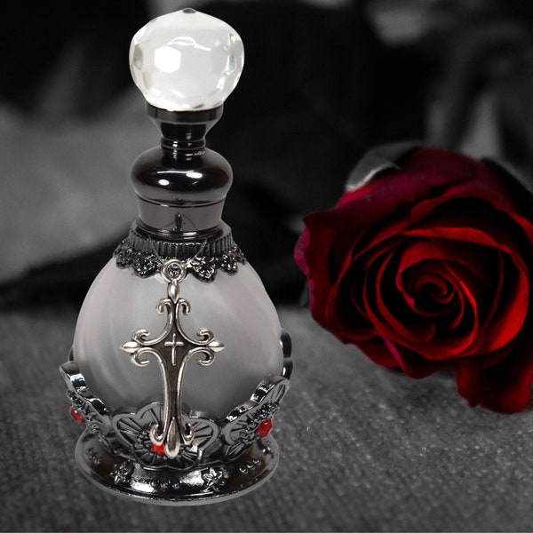 Gothic, Black Floral, Cross-Charmed, Empty, Perfume Bottle, 15ml