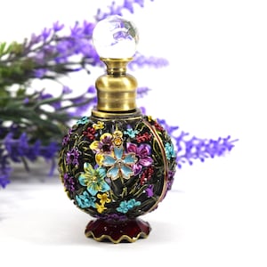 Floral Multi-color, Flower-Charmed, Black Metal, Empty Perfume Bottle, 6ml