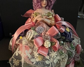 Porcelain doll original artist pincushion Marie Antoinette Number   Purple hair and beautiful lace