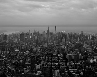 New York City Skyline on a Cloudy Day - Empire State Building - Black and White