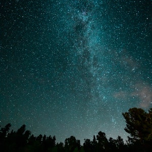 May include: A dark night sky with a bright band of the Milky Way galaxy visible above a silhouette of a forest.