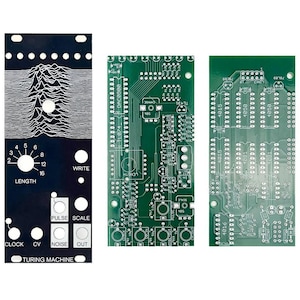 May include: A black and white circuit board with a graphic of a waveform. The board has a knob labelled "length" and buttons labelled "clock", "cv", "noise", "pulse", "scale", "write", and "out". The text "Turing Machine" is printed on the board.