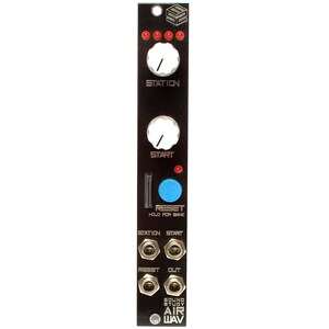 May include: Black and silver Eurorack module with knobs labeled "Station" and "Start". It has a blue button labeled "Reset" and four jacks labeled "Station", "Start", "Reset", and "Out". The module is labeled "Sound Study Air Wav".