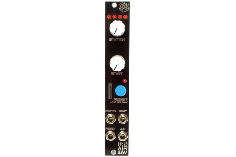 May include: Black and silver Eurorack module with knobs labeled "Station" and "Start". It has a blue button labeled "Reset" and four jacks labeled "Station", "Start", "Reset", and "Out". The module is labeled "Sound Study Air Wav".