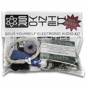 May include: A clear plastic bag containing a DIY electronic audio kit. The kit includes a circuit board, wires, resistors, and other components. The bag is labelled "Synthrotek DIY Kit!!!" and "Do-It-Yourself Electronic Audio Kit".