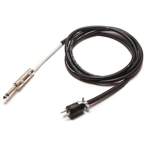 May include: A black and white guitar cable with a 1/4 inch mono plug on one end and a 3-prong plug on the other end. The cable is coiled up and the text "GUITAR CABLE" is printed on the cable.