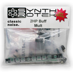 May include: A clear plastic bag containing a DIY kit for a 2HP Buff Mult synthesizer module. The kit includes various electronic components, including a battery, resistors, and a circuit board. The bag is labelled with the Synthrotek logo and the text "DIY KIT!!!", "classic noise.", and "2HP Buff Mult".