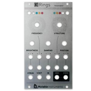 May include: A silver-colored metal modular synthesizer panel labeled Rings resonator by Mutable Instruments. The panel features multiple circular cutouts for knobs and jacks, with printed text for controls including Frequency, Structure, Brightness, Damping, Position, Strum, V/OCT, IN, ODD, and EVEN.