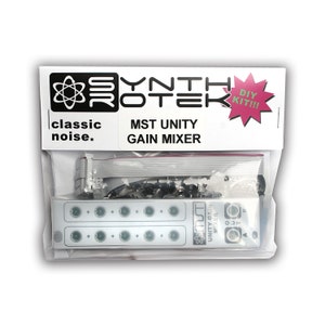 May include: A DIY kit for an MST Unity Gain Mixer, packaged in a clear plastic bag. The kit includes electronic components and a white panel with multiple input jacks. The packaging features the text "classic noise" and "MST Unity Gain Mixer."