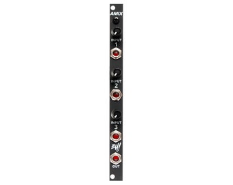 May include: A black Eurorack module with the text "AMIX" and "EH!" printed on it. It has three input jacks labeled "INPUT 1", "INPUT 2", and "INPUT 3", and one output jack labeled "OUT".