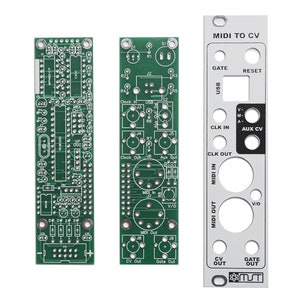 May include: A green circuit board with a MIDI to CV converter module. The module has a silver faceplate with black text and knobs. The text on the faceplate reads "MIDI TO CV", "GATE", "RESET", "USB", "CLK IN", "AUX CV", "CLK OUT", "MIDI IN", "MIDI OUT", "CV OUT", and "GATE OUT".