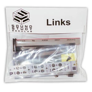 May include: A Sound Study Modular Links electronic module kit in a clear plastic bag. The header card features the brand logo and the text Links. Inside are a gray ribbon cable labeled AWM 2651 28AWG, a white front panel with black text and circular ports, and small electronic components.