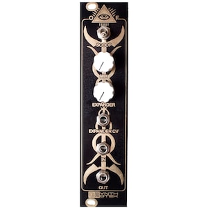 May include: A black and gold synthesizer module with knobs labeled "Scoop", "Mix", and "Expander". It has a gold eye symbol and the text "SYNTH" on the bottom.