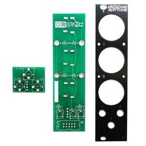 May include: Three green circuit boards with copper traces and components. The largest board has the text "SYNTH PROTEK" printed on it. The smallest board has the text "OUT 1", "OUT 2", and "OUT 3" printed on it. The middle board has the text "LTD 1", "LTD 2", and "LTD 3" printed on it. A black circuit board with five round holes and the text "ARCADIAN RHYTHMS" printed on it.