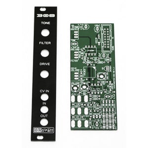 May include: A black and green circuit board with the text "SYNTHROTEX-001-RE-1.1" printed on it. The board has a number of components, including resistors, capacitors, and integrated circuits. The board is designed for a synthesizer module.