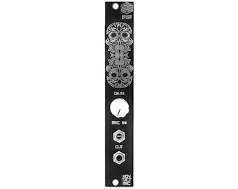 May include: Black metal panel with a silver skull design and the text "Studio 52". The panel has a knob labeled "Gain", a switch labeled "Mic In", and a jack labeled "Out".