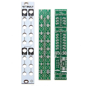 May include: Three green circuit boards for an electronic music synthesizer module. The module is called '07 MULT' and has four inputs labelled 'IN 1', 'IN 2', 'IN 3', and 'IN 4'. The circuit boards are labelled 'TL074'.