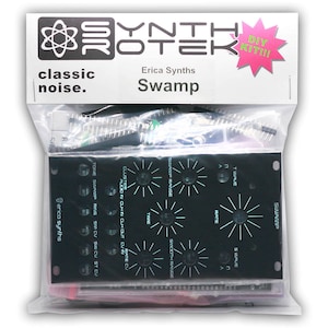 May include: A black and white Synthrotek DIY kit for a Swamp noise module by Erica Synths. The kit includes a black circuit board with knobs and labels, and a clear plastic bag with various components.