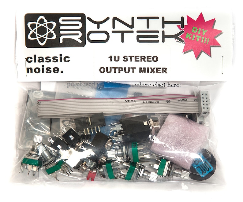 May include: A clear plastic bag containing a DIY kit for a 1U stereo output mixer. The kit includes a variety of electronic components, including potentiometers, jacks, and a ribbon cable. The bag also includes a small bag of white packing peanuts. The bag has a label that reads "Synthrotek DIY Kit!!! Classic Noise. 1U Stereo Output Mixer."